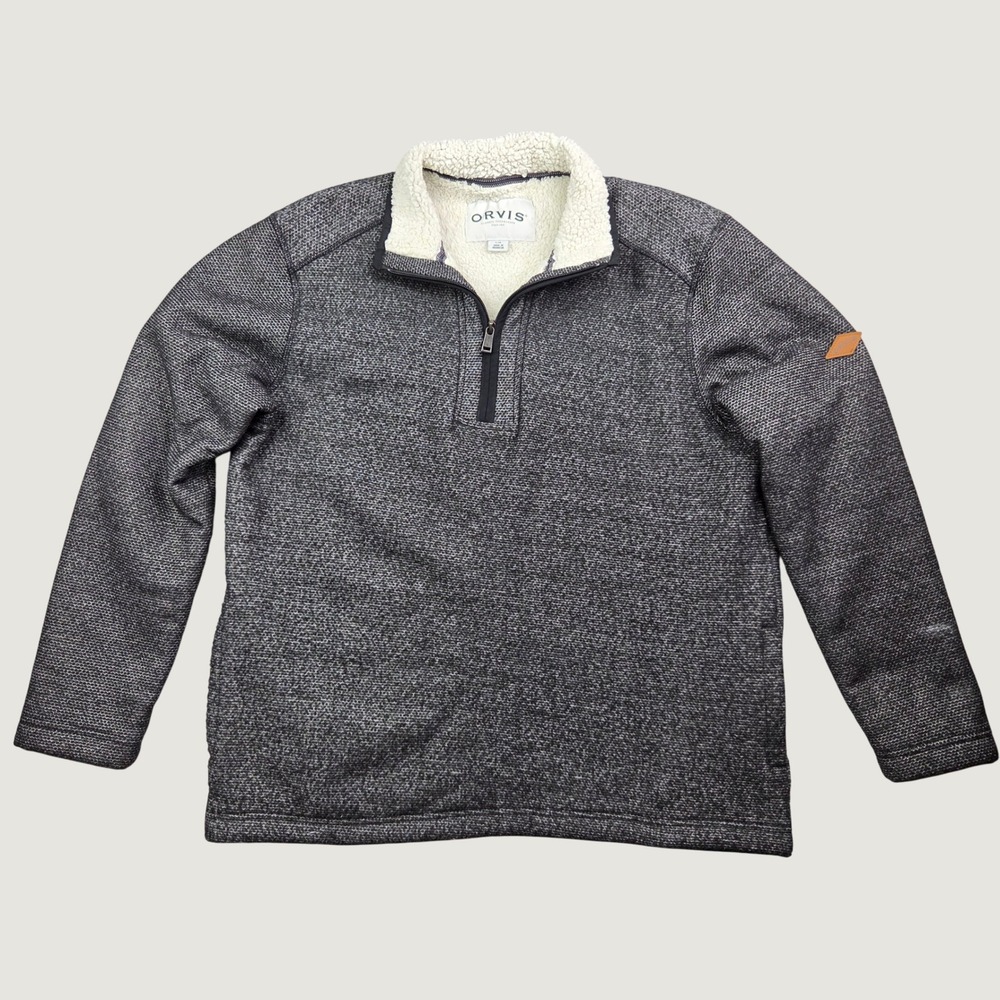 Orvis Quarter Zip Pullover Men L Gray Sherpa Lined Fleece Textured Knit Sweater
